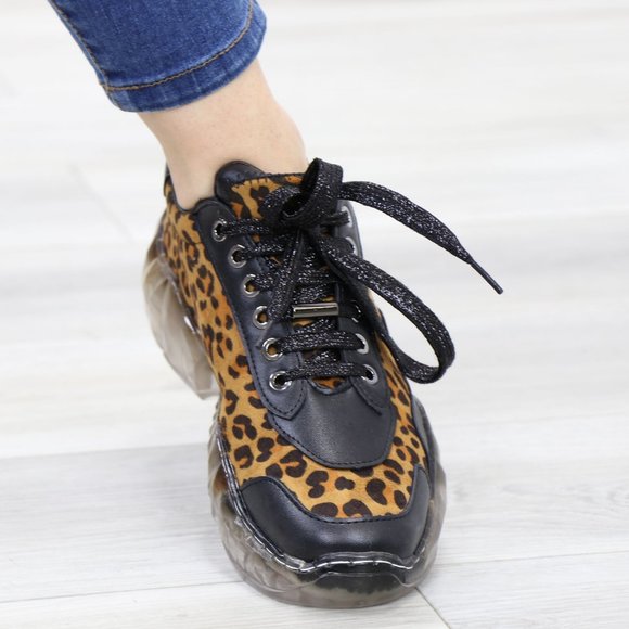 Animal Leopard Print Women's Fashion Chunky Heel Sneakers Shoes - Picture 15 of 15
